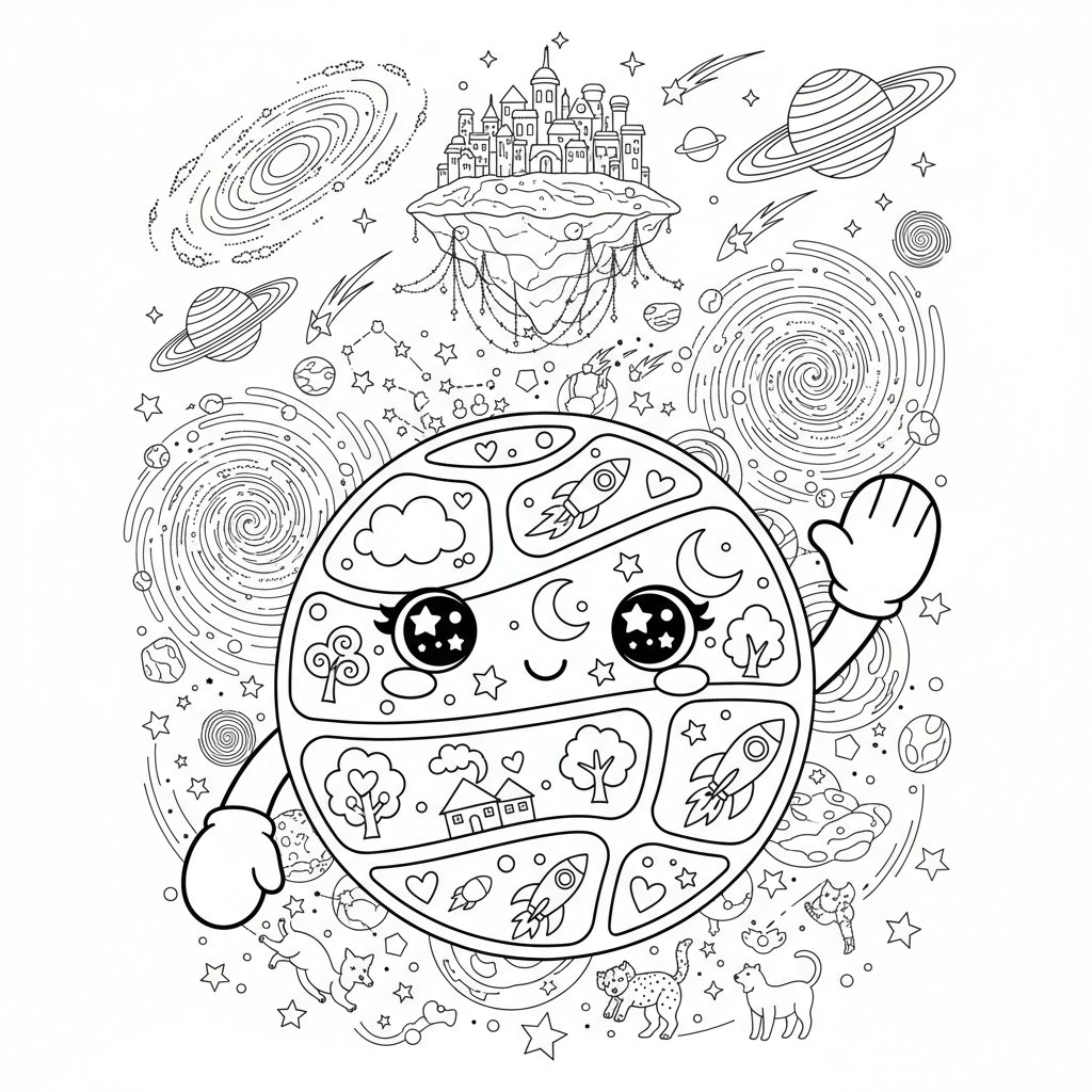 Página para colorear Kawaii Planeta - Difícil