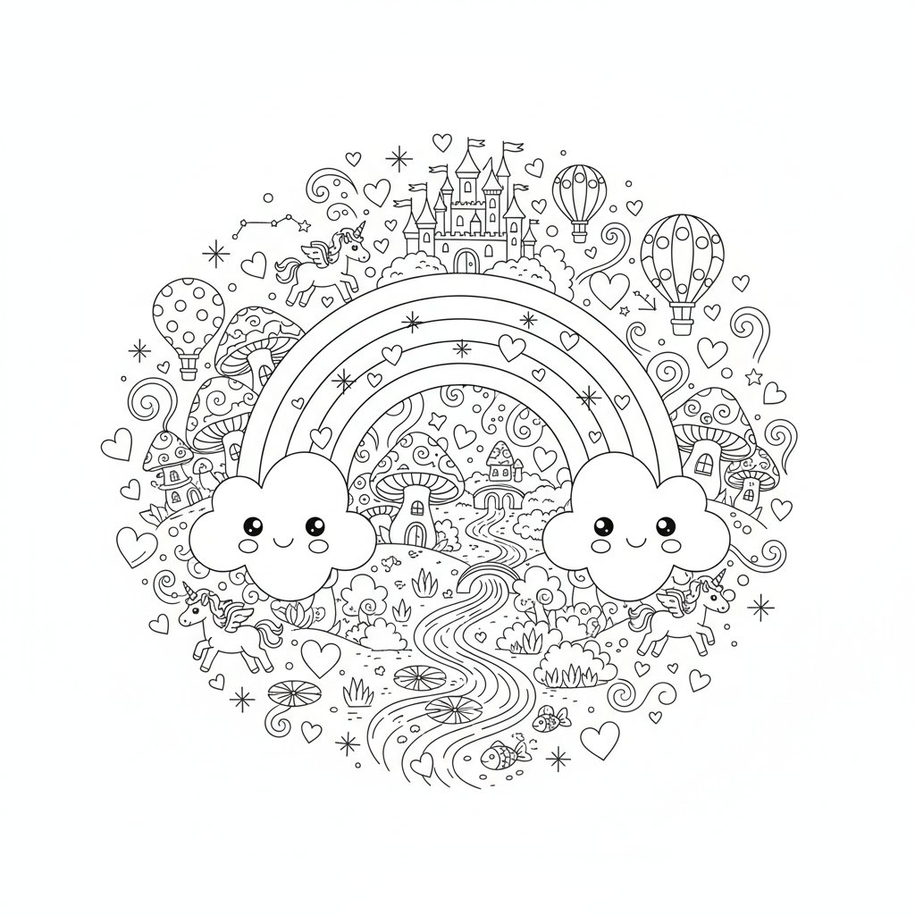 Página para colorear Kawaii Arcoíris - Difícil