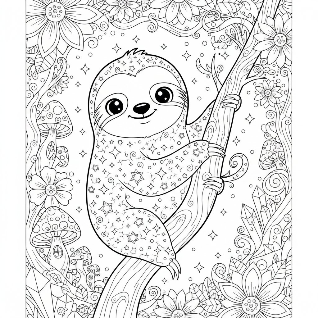 Página para colorear Kawaii Perezoso - Difícil