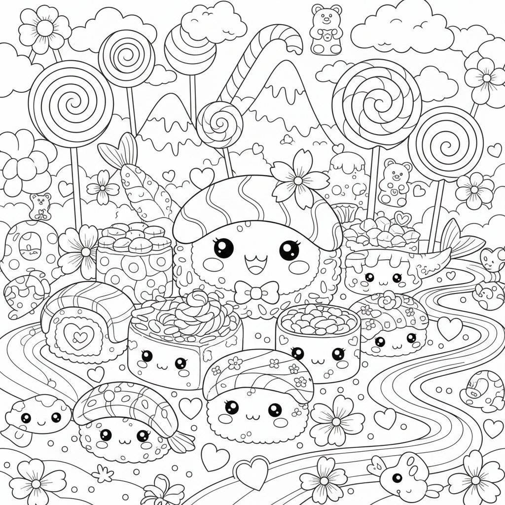 Página para colorear Kawaii Sushi - Difícil