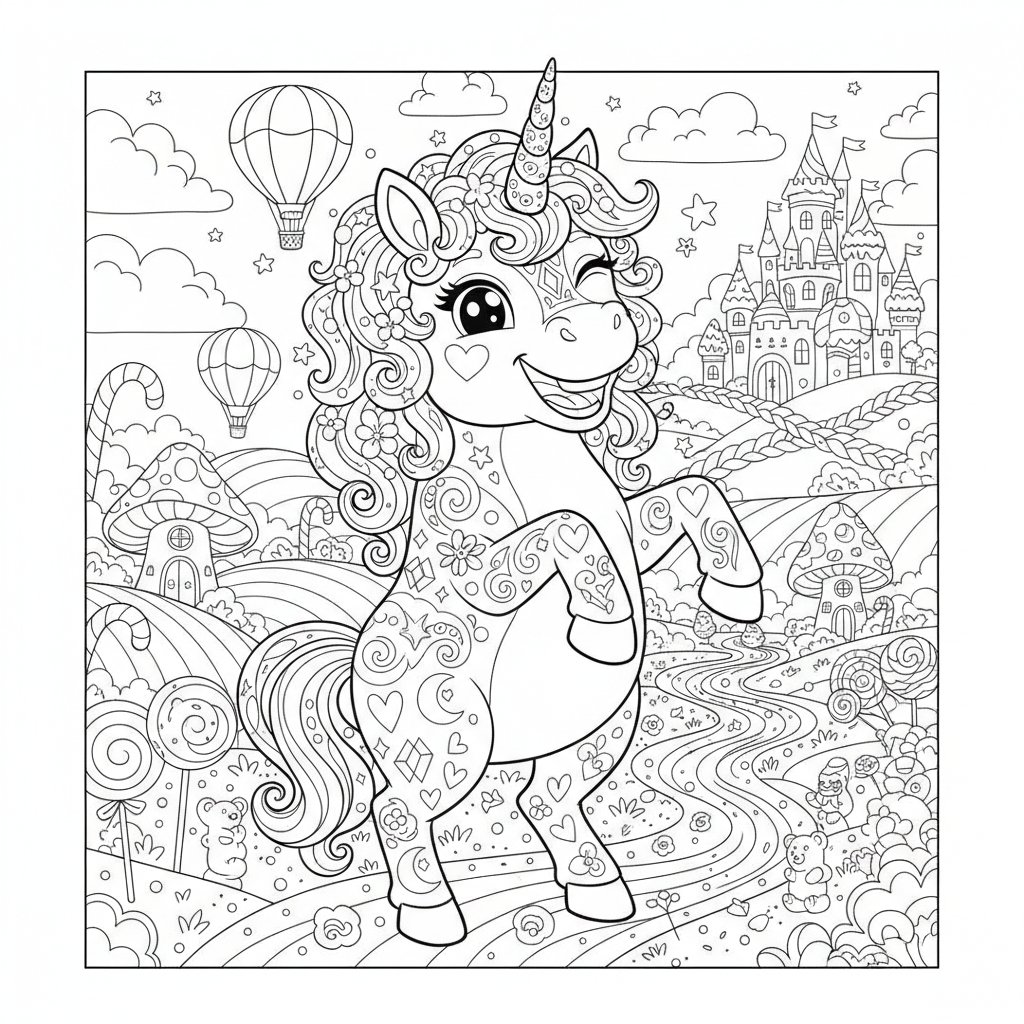 Página para colorear Kawaii Unicornio - Difícil