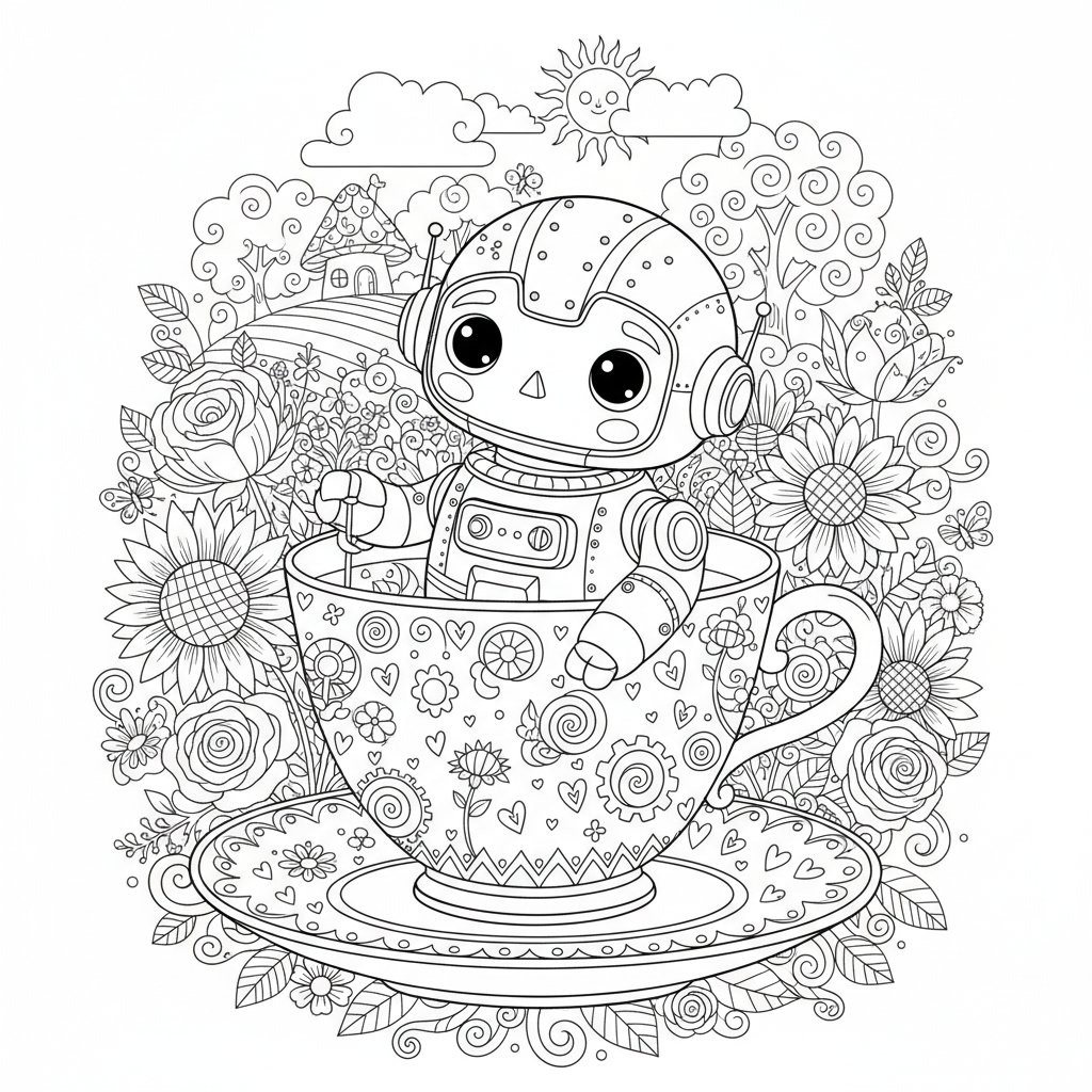 Página para Colorear de Lindo Robot Kawaii - Difícil