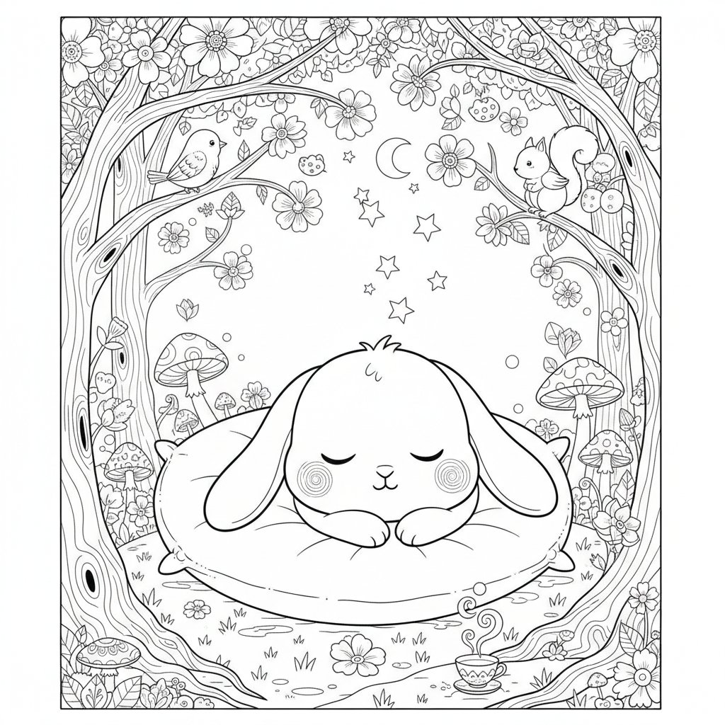 Página para Colorear del Conejo Kawaii Mágico - Difícil