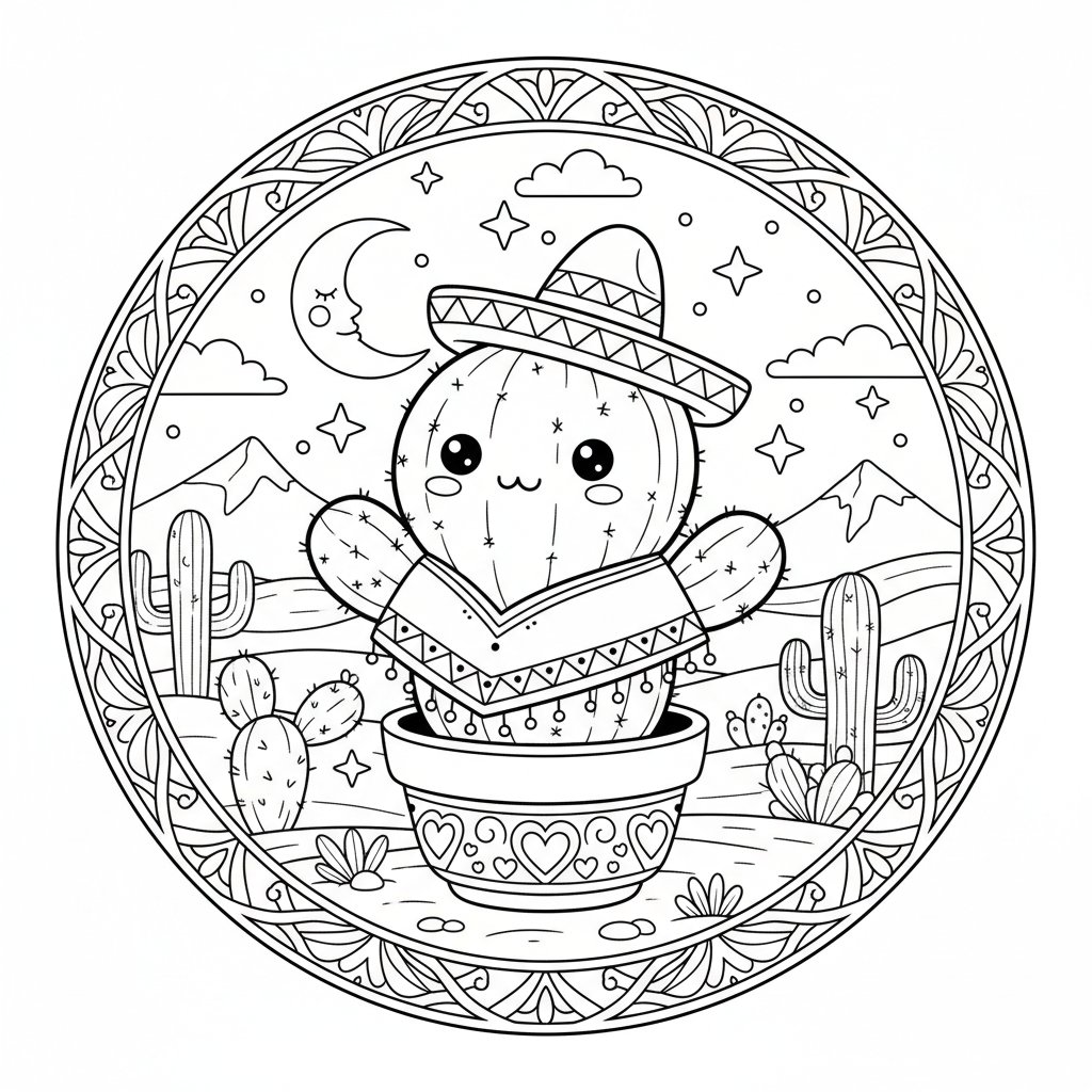 Página para Colorear de Cactus Kawaii Majestuoso - Difícil