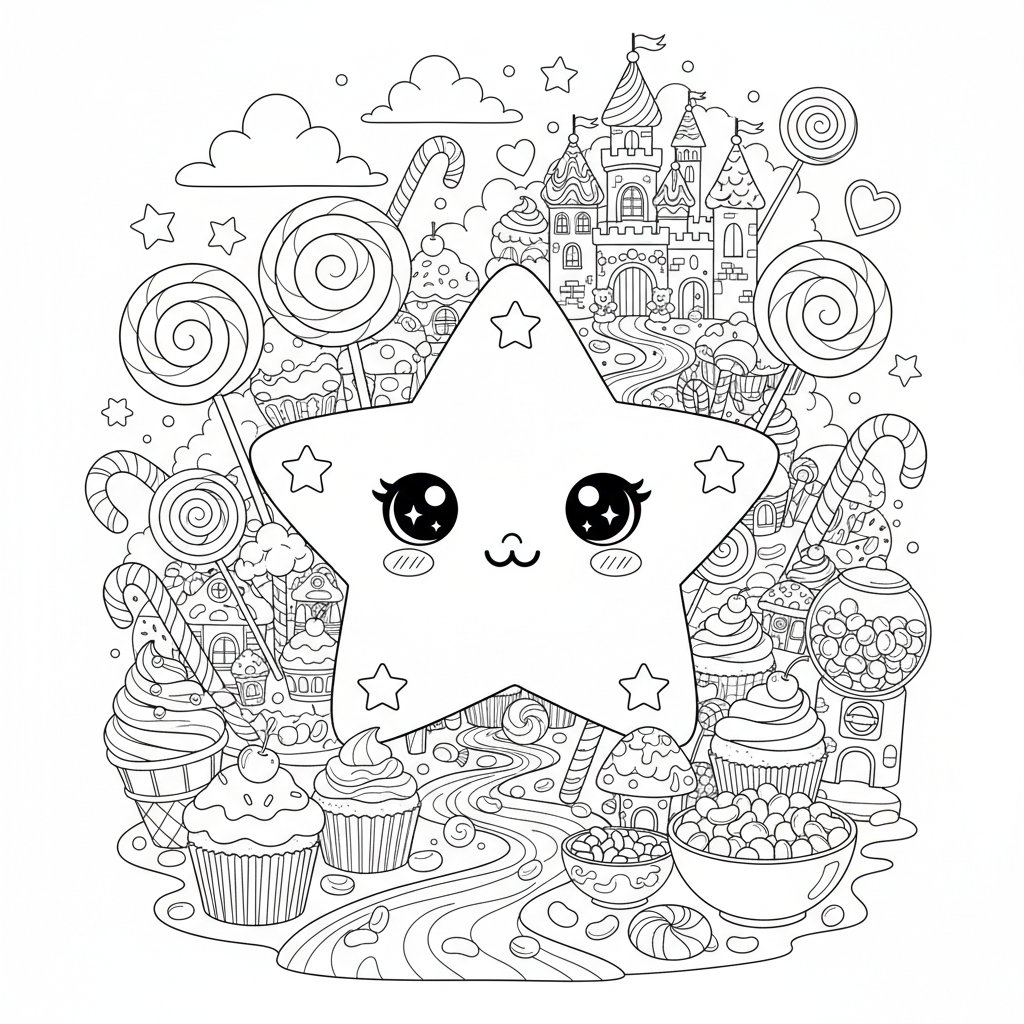 Página para Colorear de Estrella Kawaii Majestuosa - Difícil