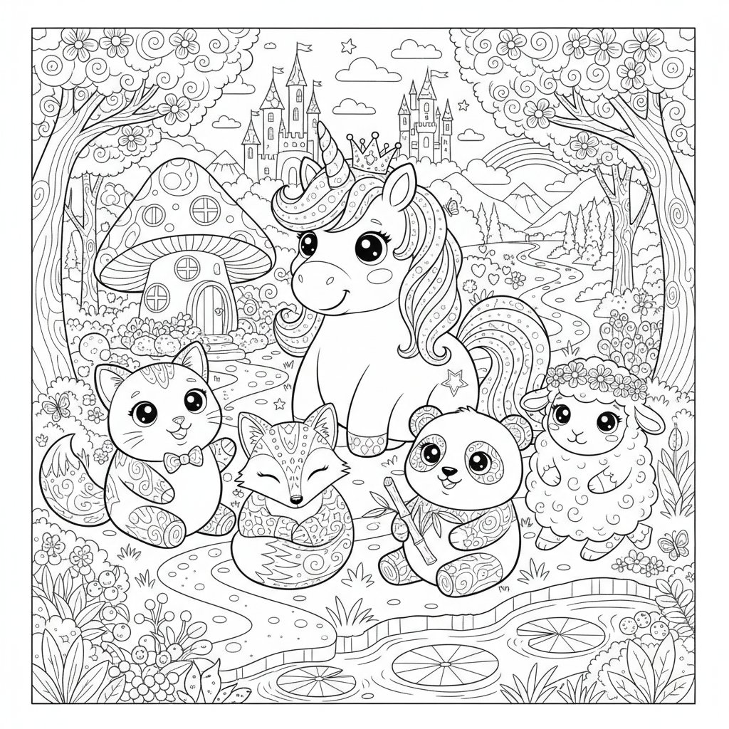 Página para Colorear de Unicornio Kawaii Tranquilo - Difícil