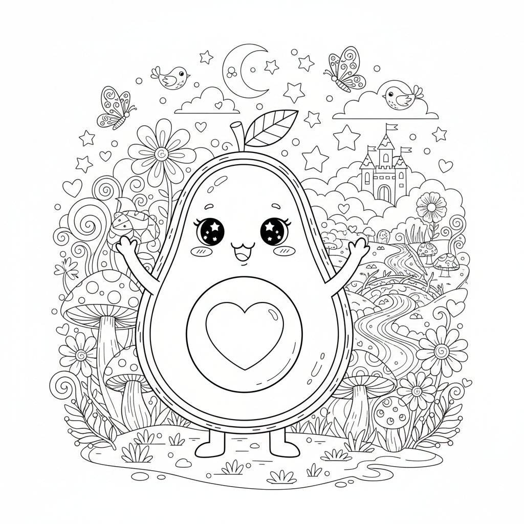 Página para Colorear de Aguacate Kawaii Radiante - Difícil