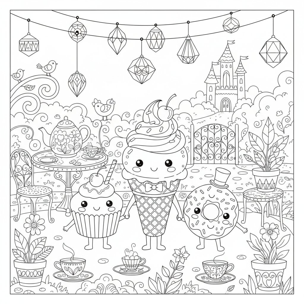 Página para Colorear de Helado Kawaii Impresionante - Difícil