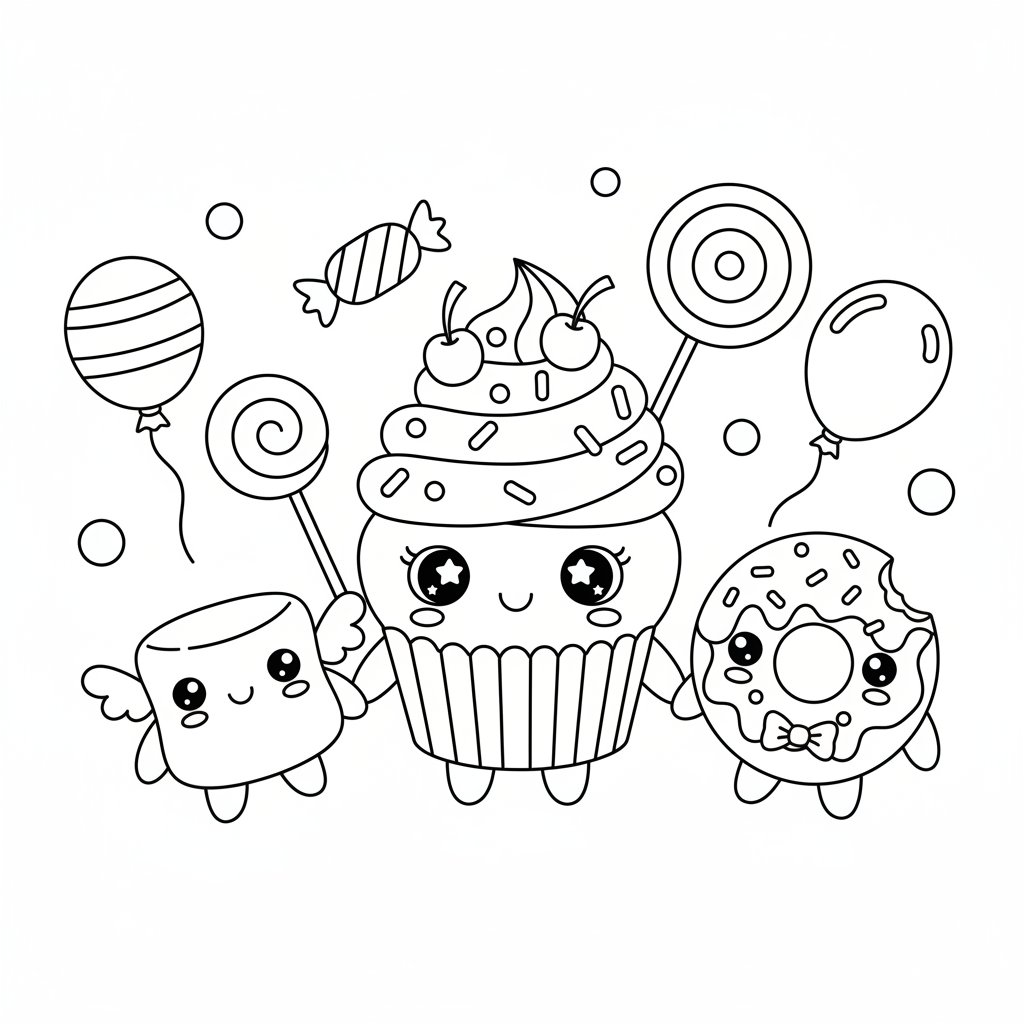 Página para Colorear de Cupcake Kawaii Artístico - Medio