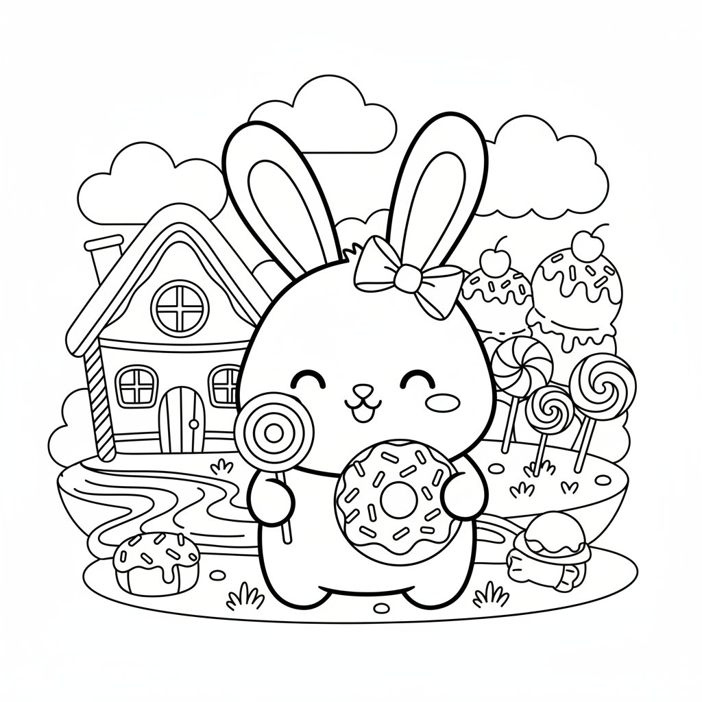 Página para Colorear de Conejito Kawaii Encantador - Medio