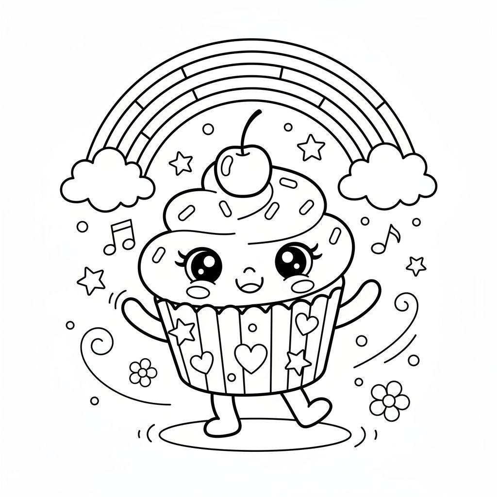 Página para Colorear de Cupcake Kawaii Clásico - Medio