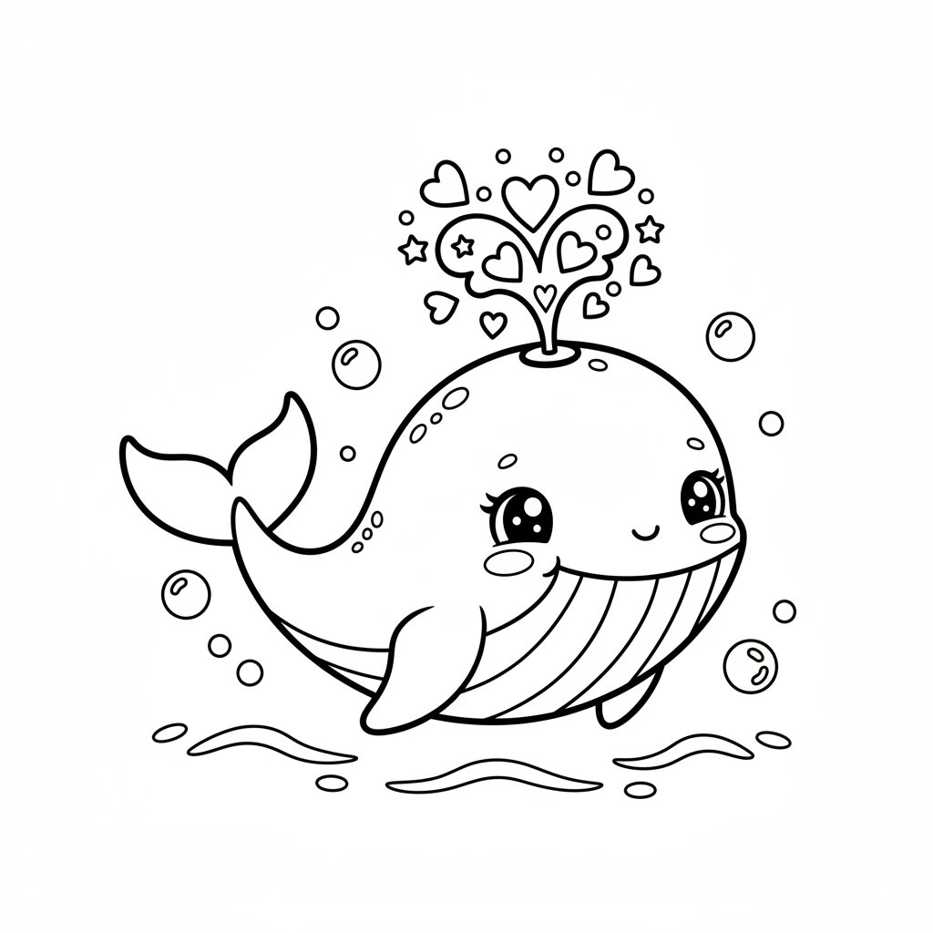 Página para Colorear Creativa de Ballena Kawaii - Medio