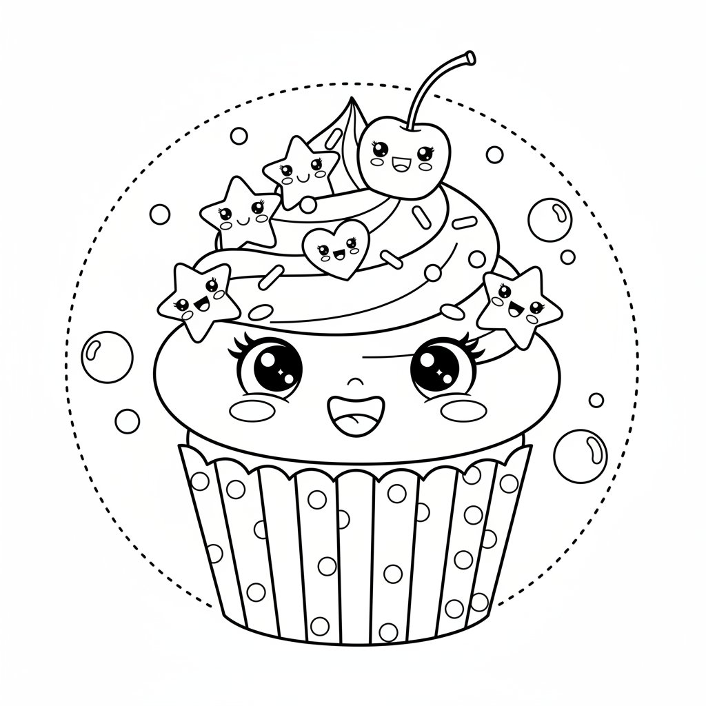 Encantadora Página para Colorear de Cupcake Kawaii - Medio