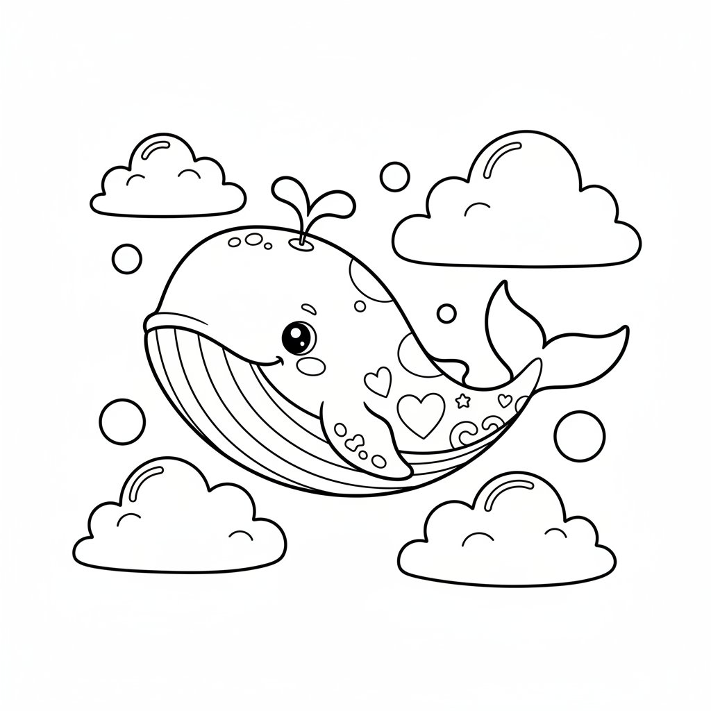 Encantadora Página para Colorear de Ballena Kawaii - Medio
