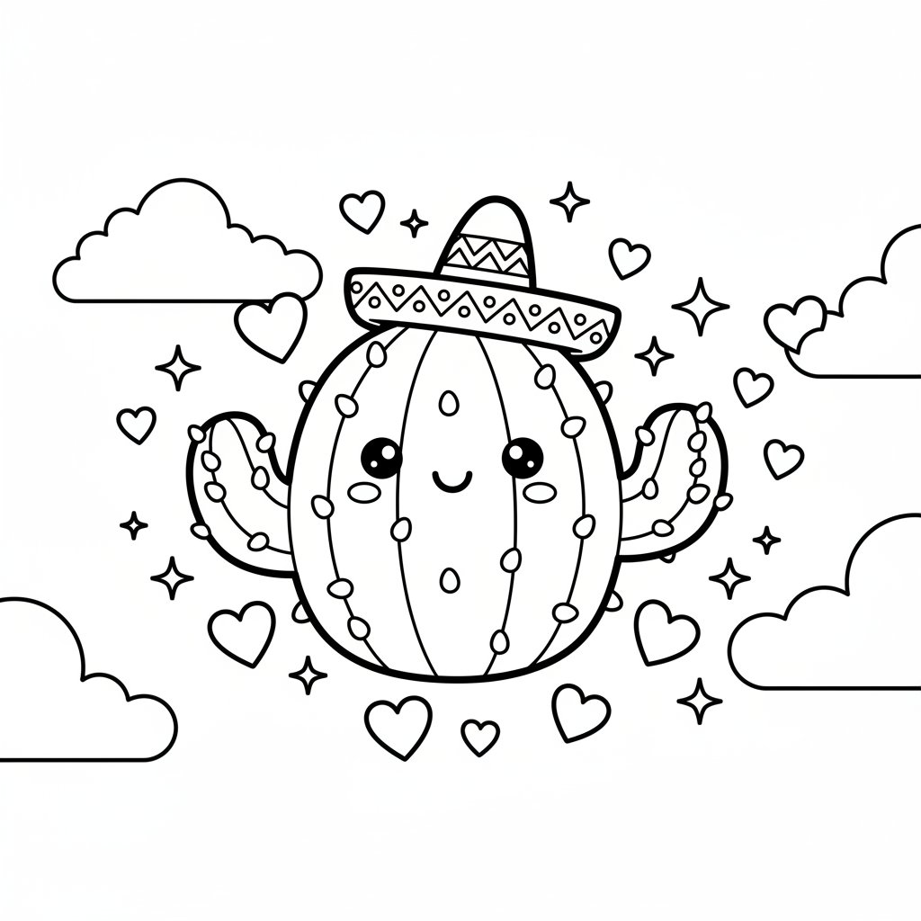 Página para Colorear del Encantador Cactus Kawaii - Medio