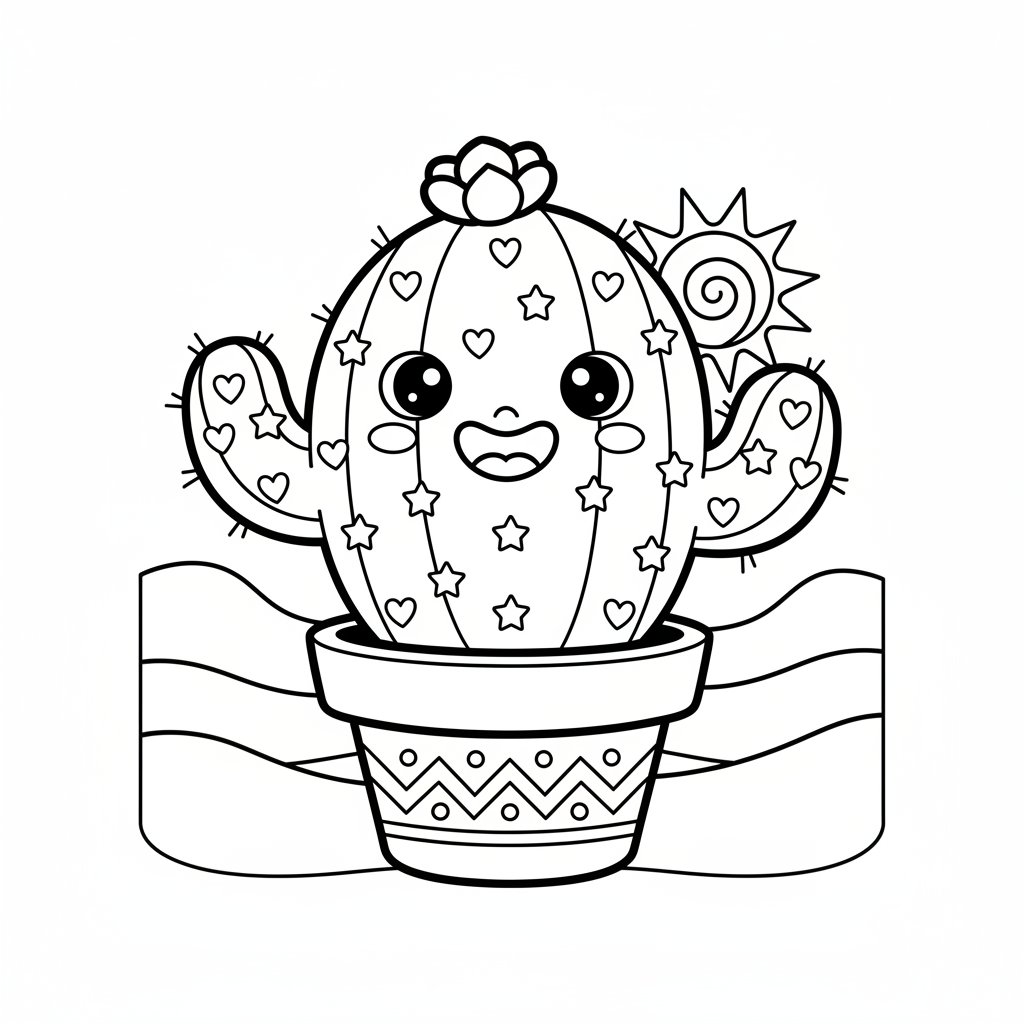 Página para Colorear de Cactus Kawaii Suave - Medio