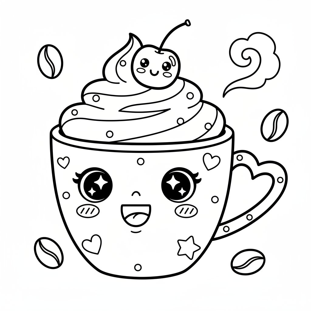 Página para Colorear de Taza de Café Kawaii Suave - Medio