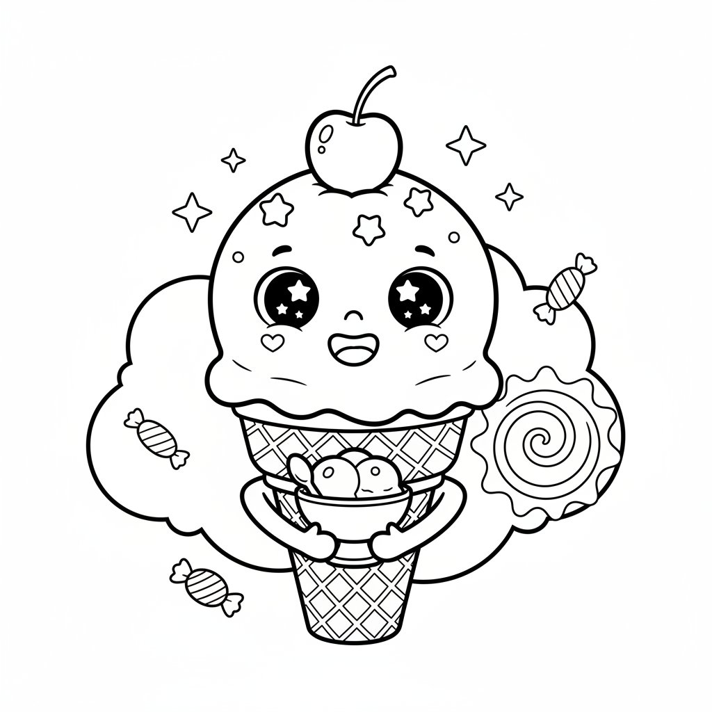 Página para Colorear de Helado Kawaii Suave - Medio