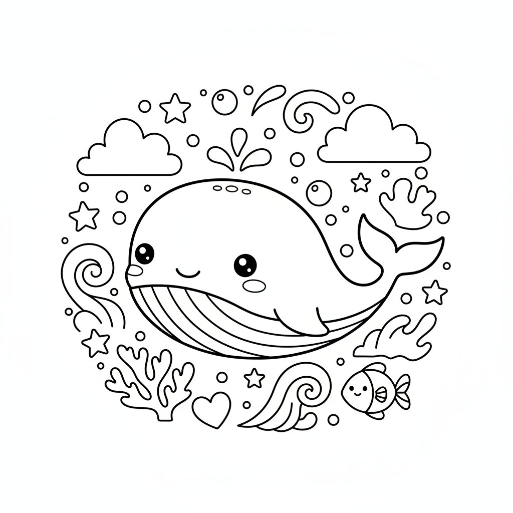 Página para Colorear de la Ballena Kawaii Feliz - Medio