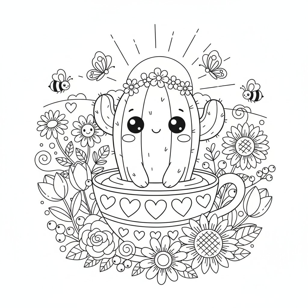 Página para Colorear de Cactus Kawaii - Medio