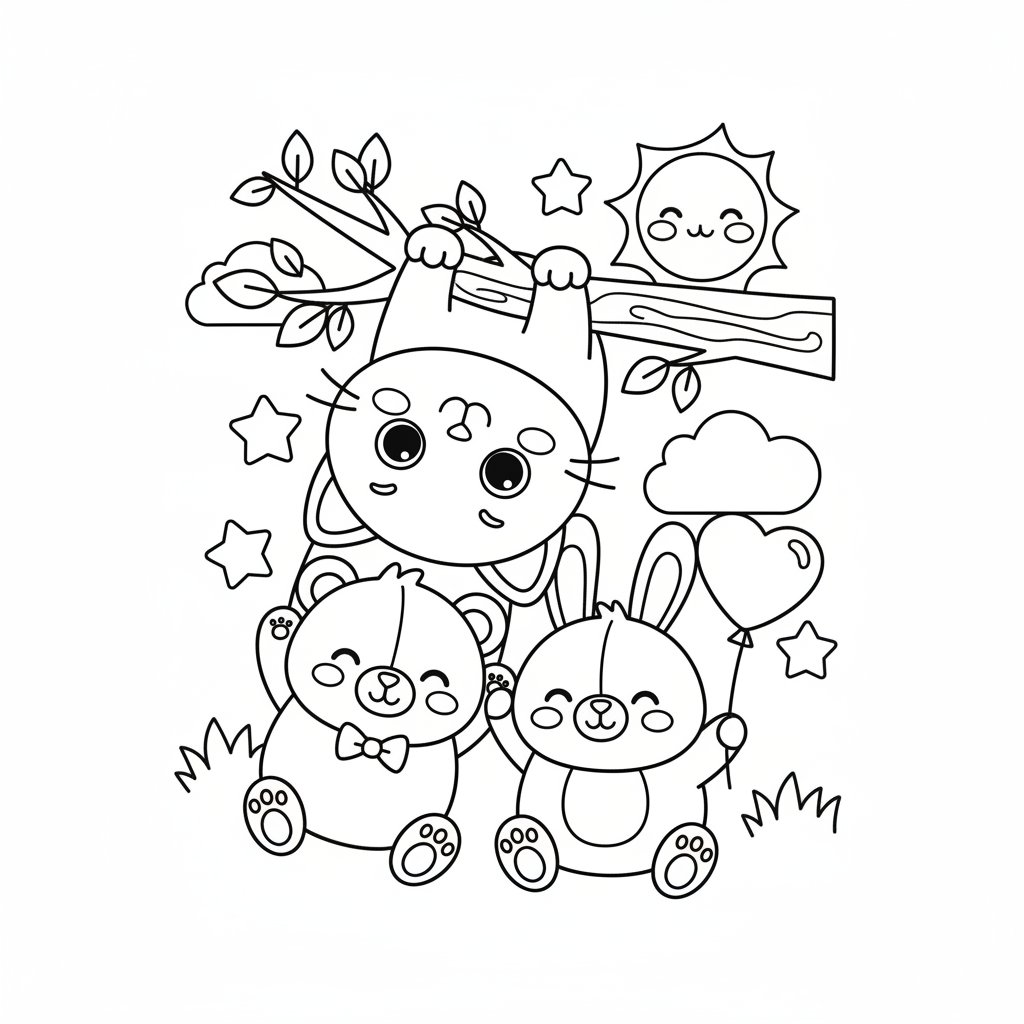 Página para Colorear de Gato Kawaii - Medio