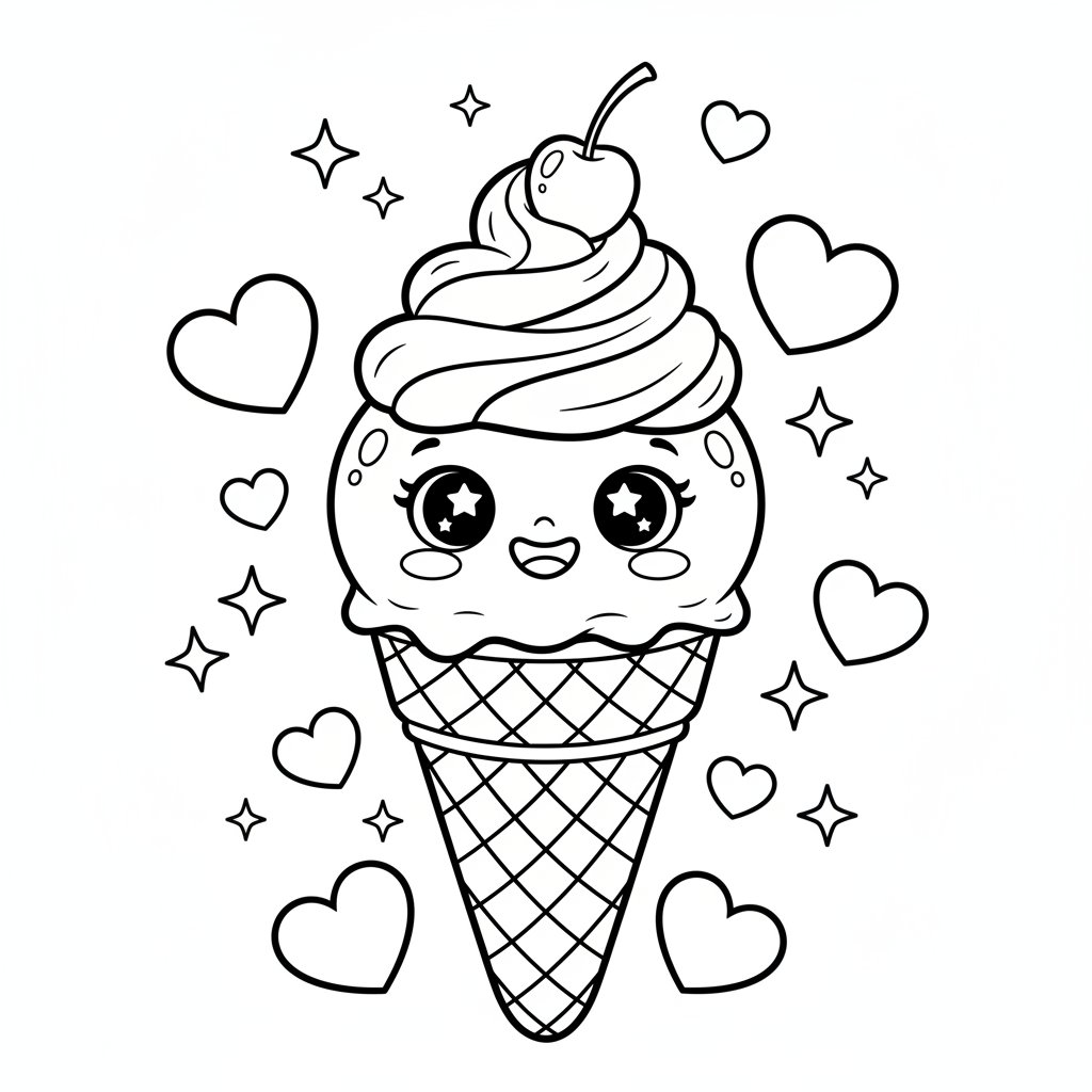 Página para colorear Kawaii Helado - Medio