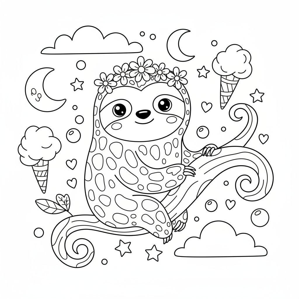 Página para colorear Kawaii Perezoso - Medio