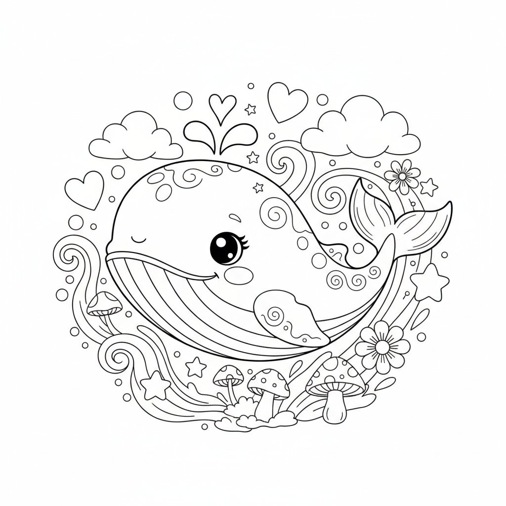 Página para colorear Kawaii Ballena - Medio