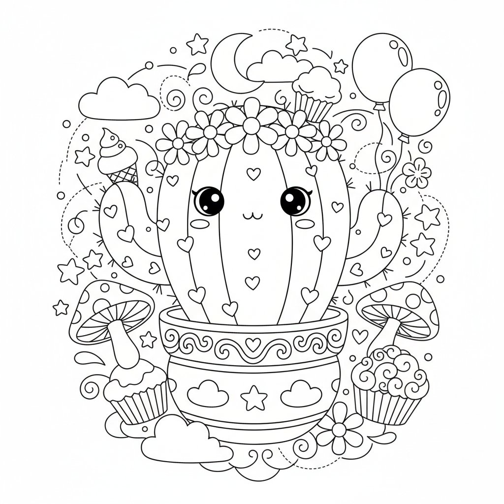 Página para Colorear de Lindo Cactus Kawaii - Medio