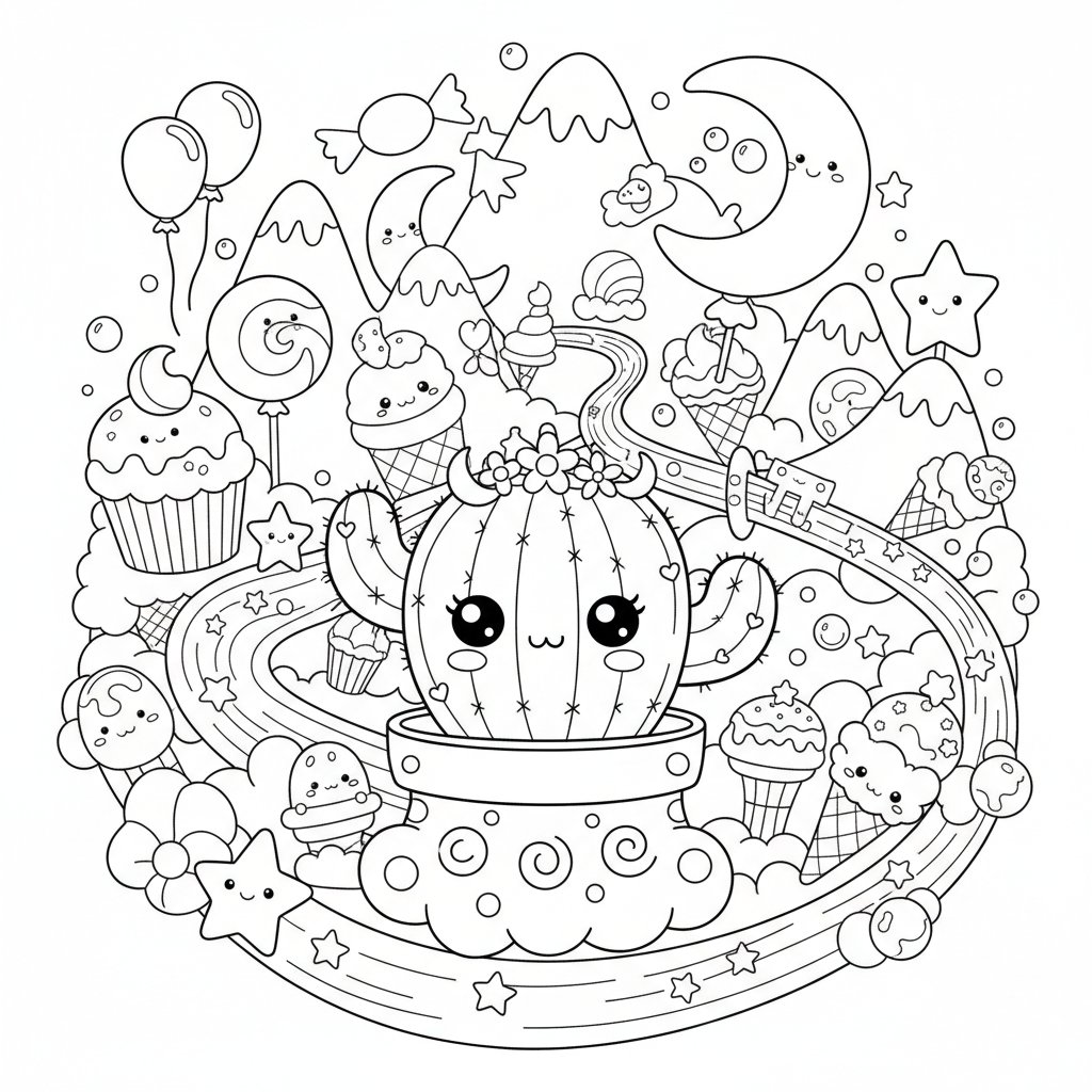 Página para Colorear de Cactus Kawaii Mágico - Medio