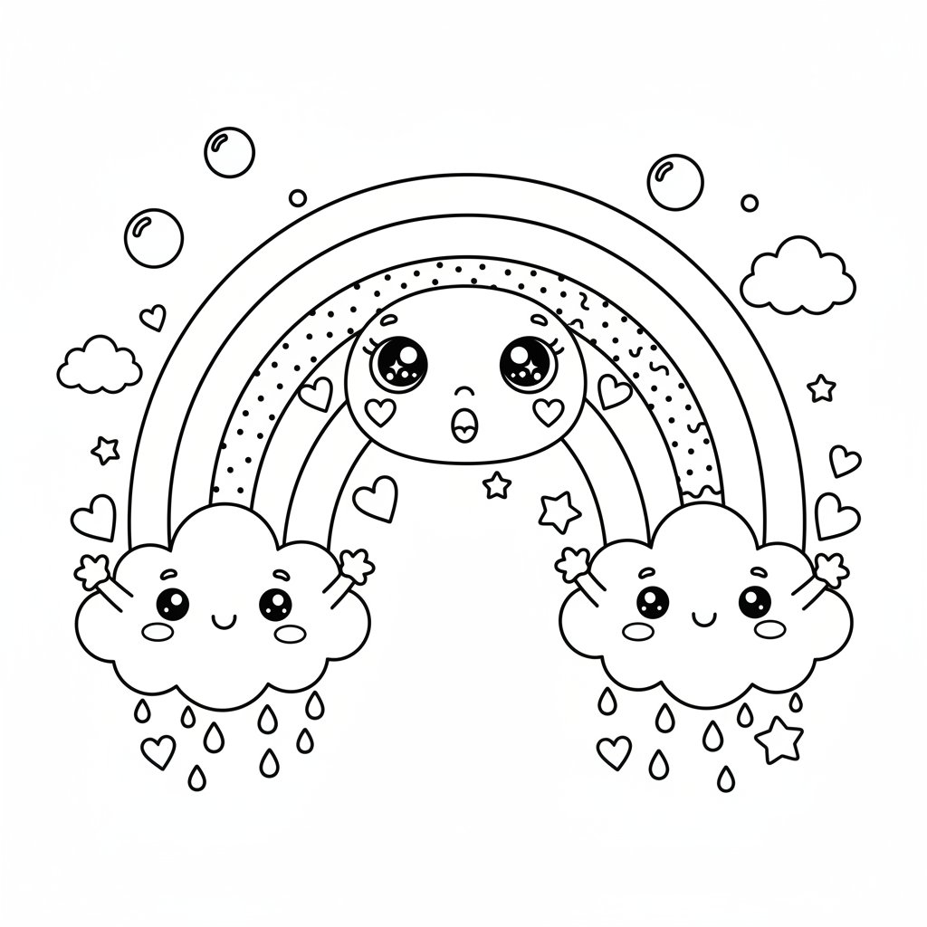Página para Colorear de Arcoíris Kawaii Mágico - Medio