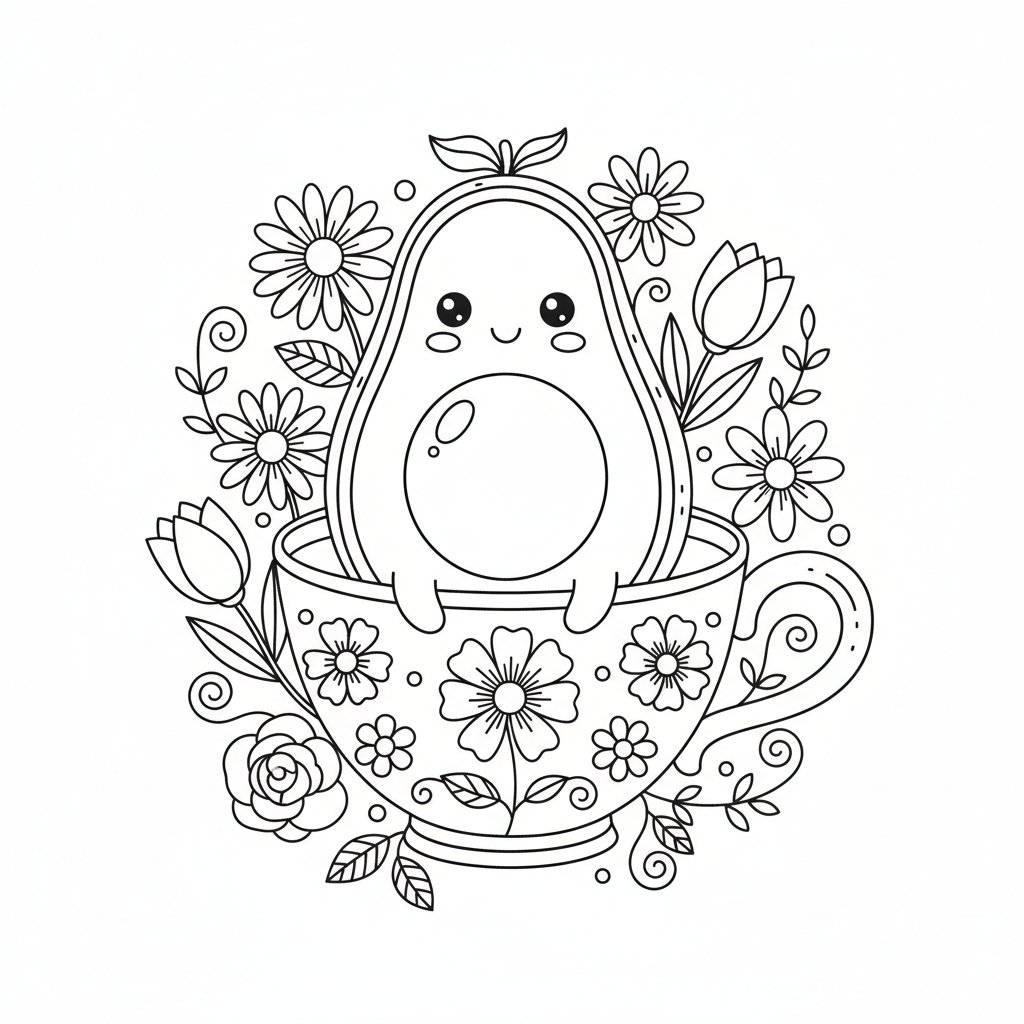 Página para Colorear de Aguacate Kawaii Radiante - Medio