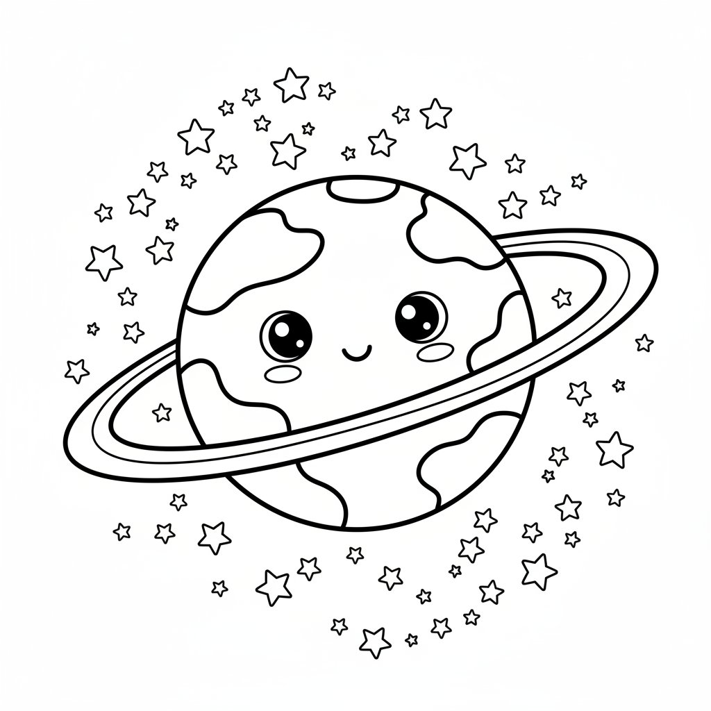 Página para Colorear de Planeta Kawaii Sereno - Medio
