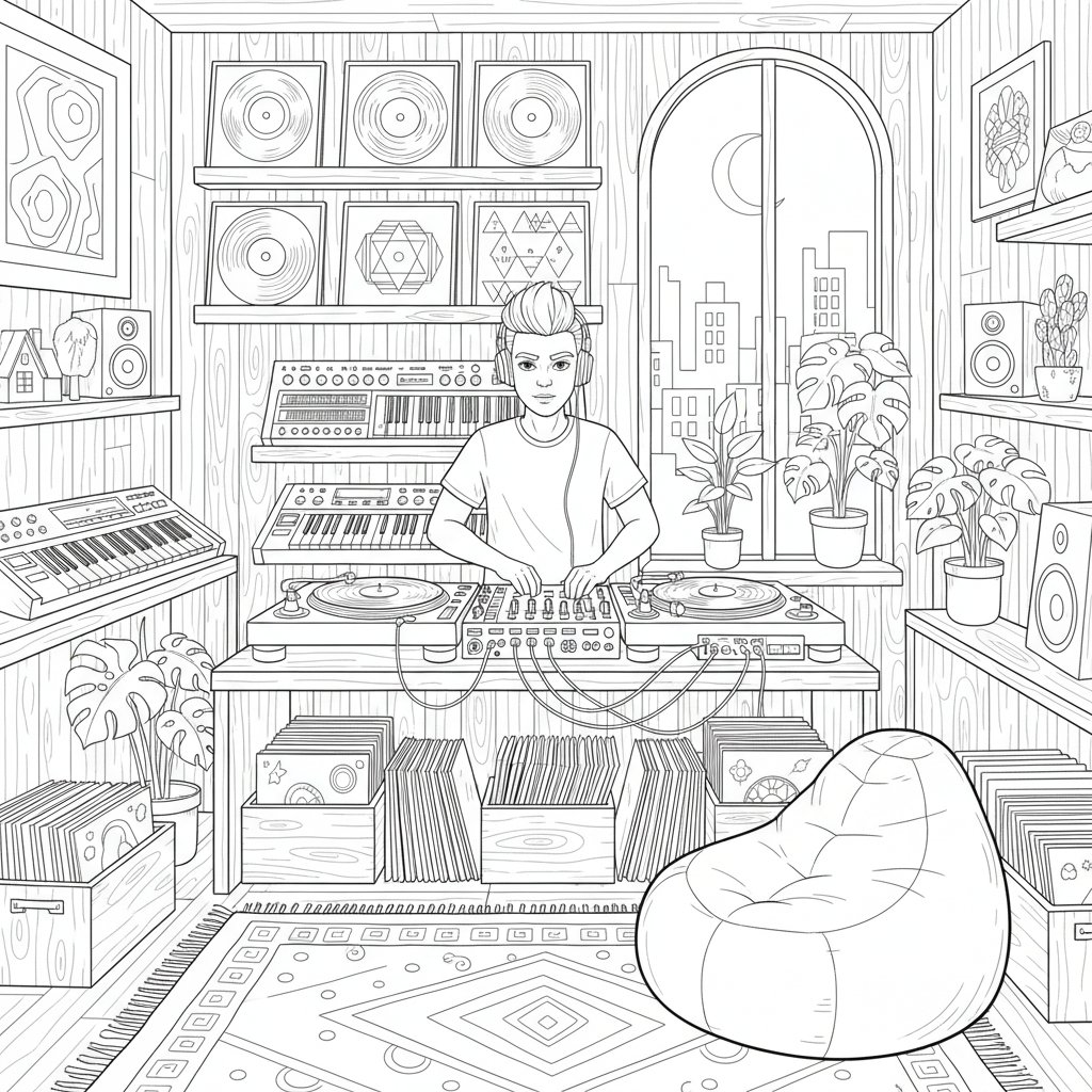 Página para Colorear de DJ con Tocadiscos Encantador - Difícil