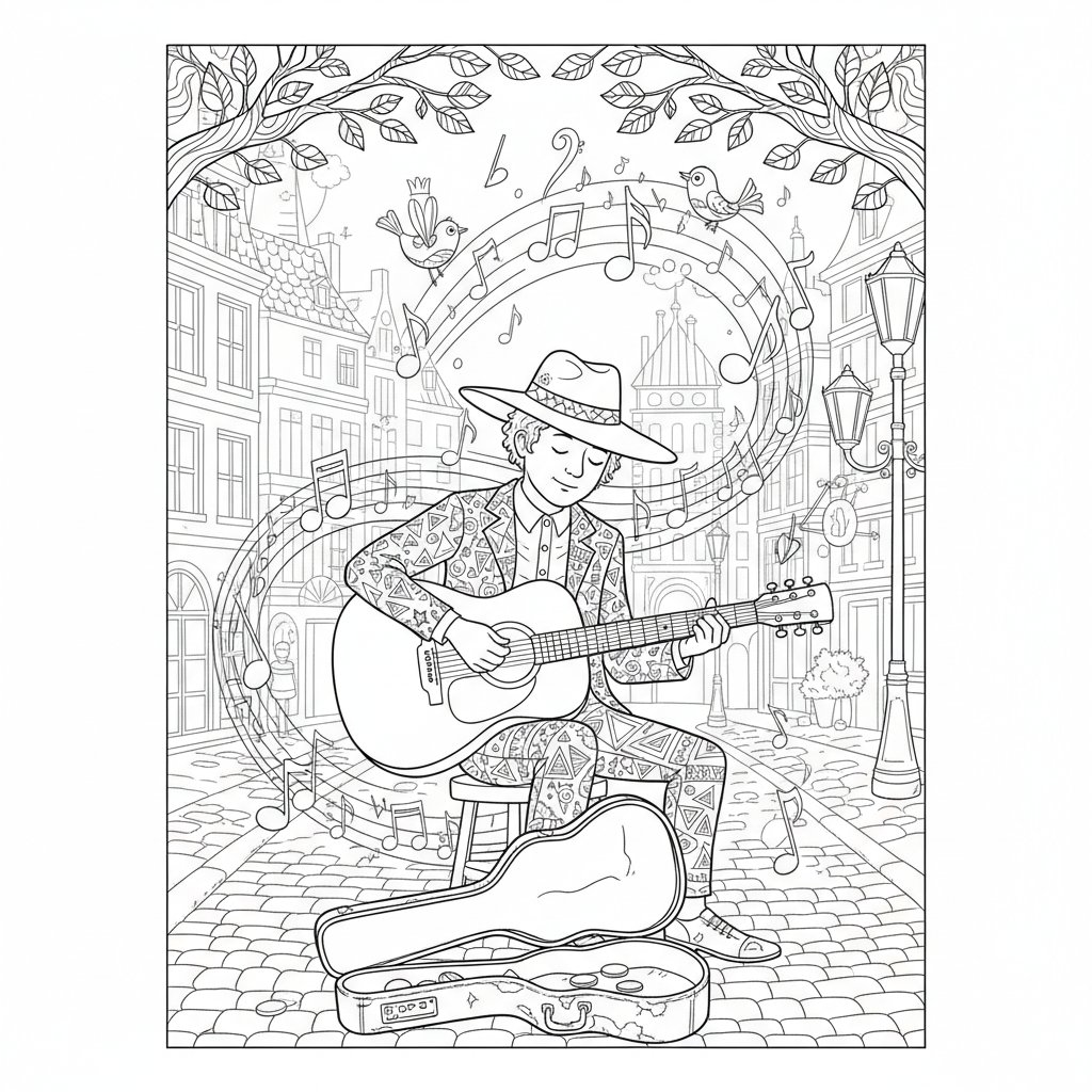 Página para colorear de músico callejero acogedor - Difícil