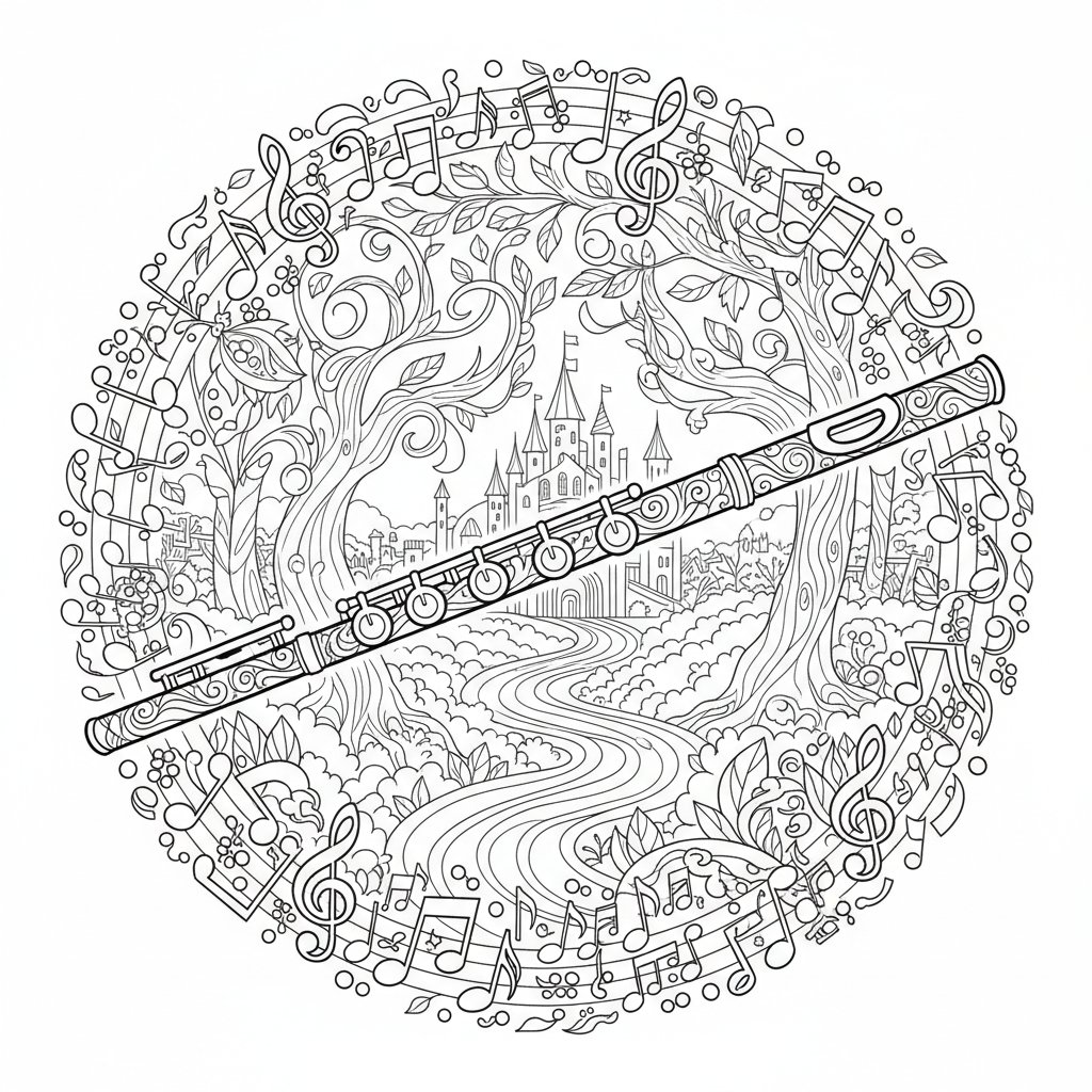 Encantadora Página para Colorear de Flauta - Difícil
