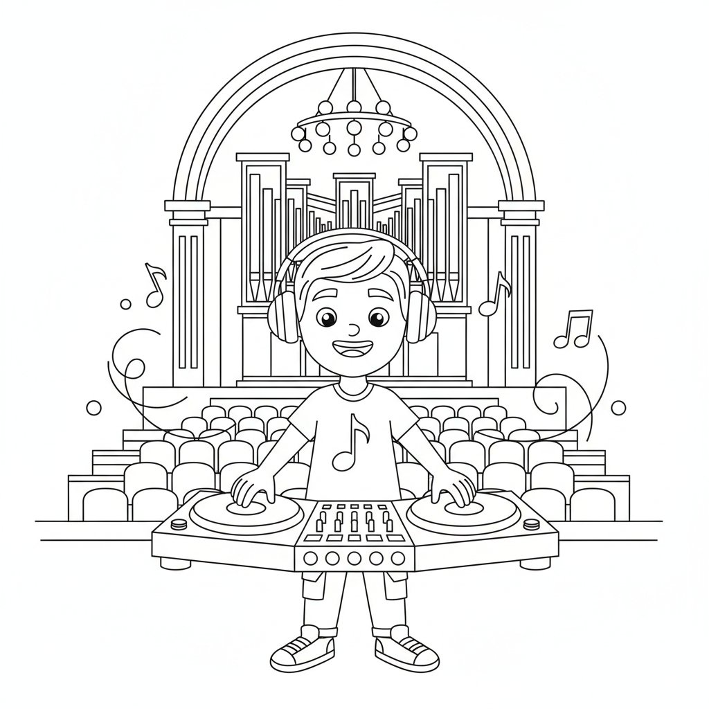 Página para Colorear de DJ Fantástico con Platos - Medio