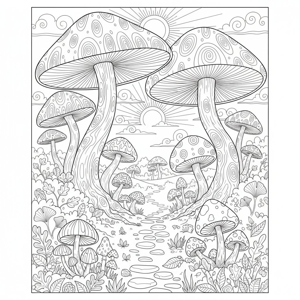 Página para Colorear del Bosque de Hongos Clásico - Difícil