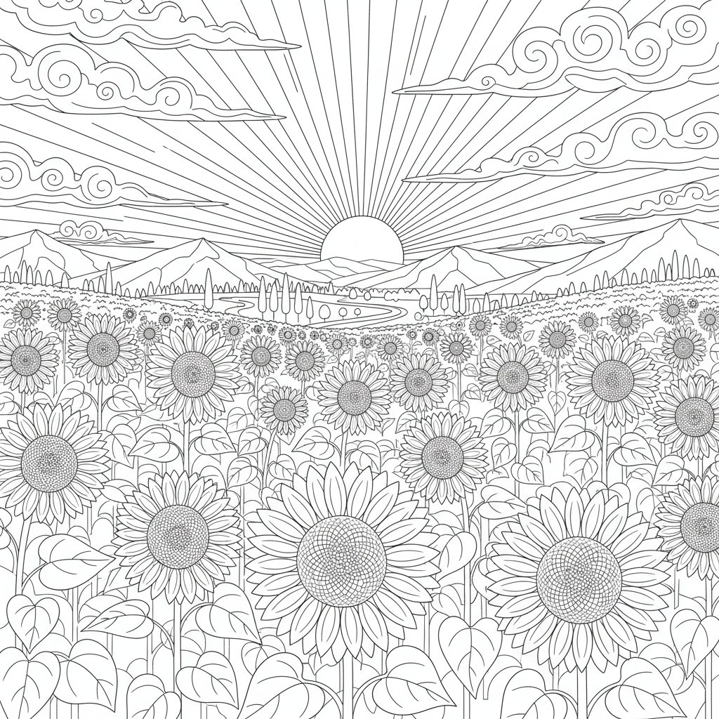 Página para Colorear del Campo de Girasoles Clásico - Difícil