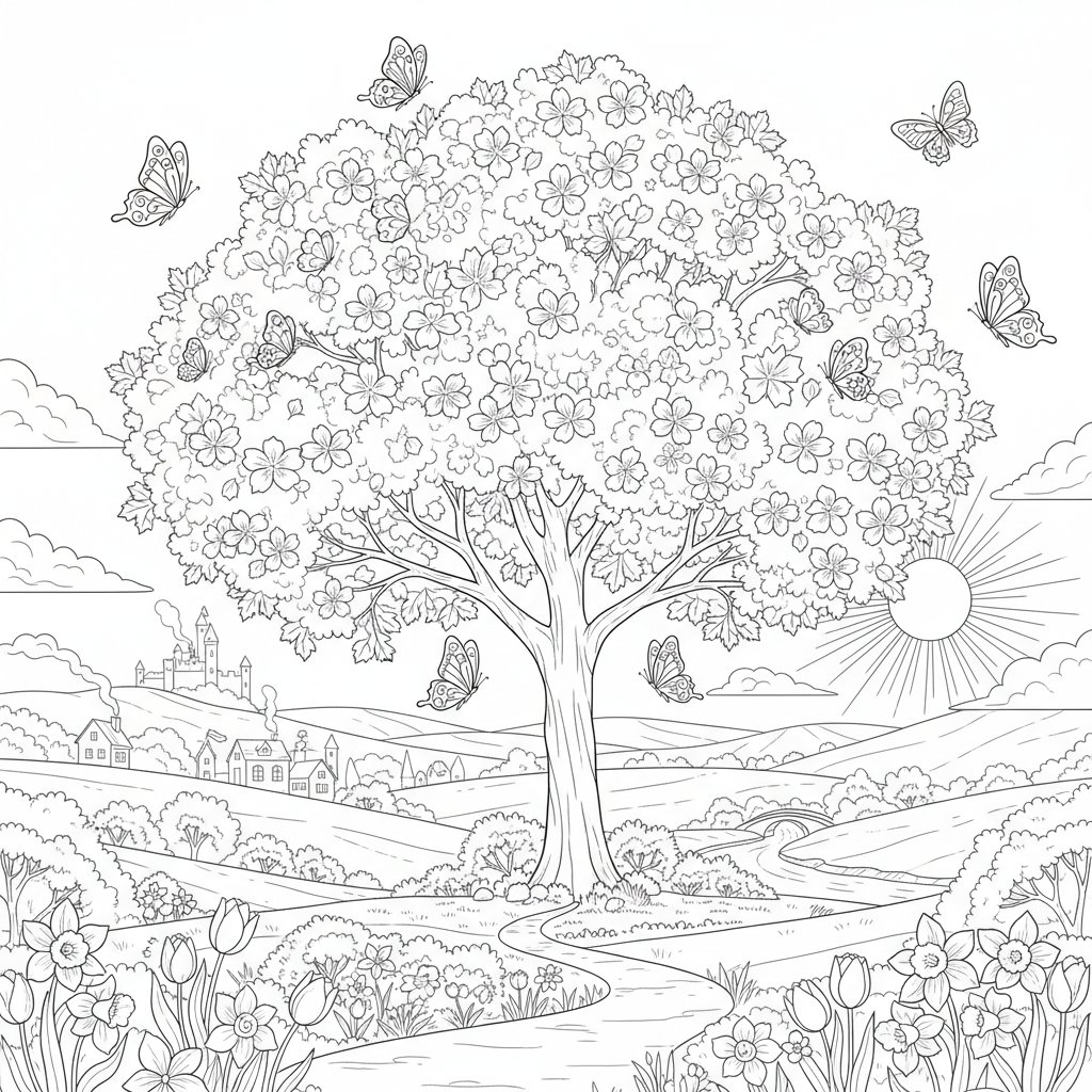 Fantástica Página para Colorear de Árbol de Arce - Difícil