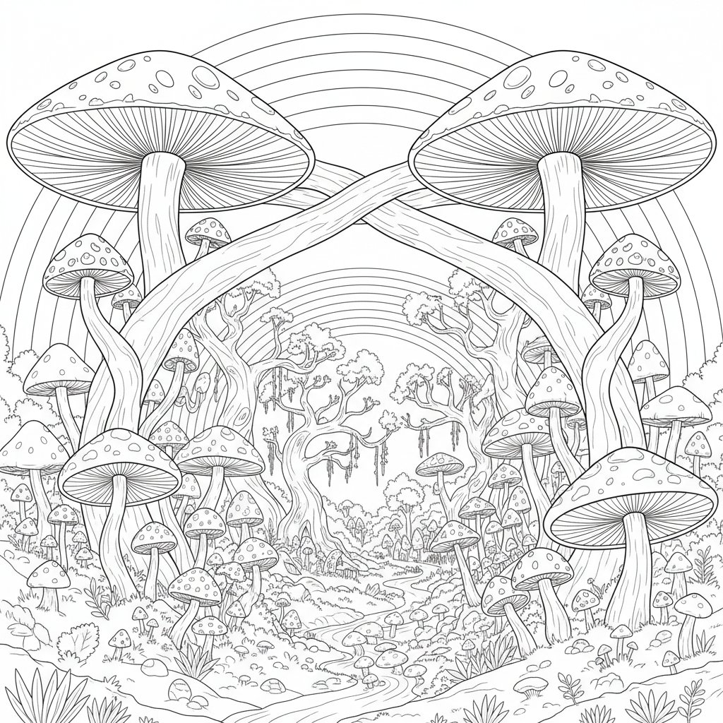 Página para Colorear del Bosque de Setas - Difícil