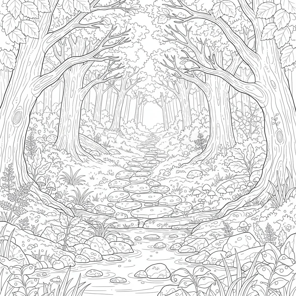 Página para Colorear Camino del Bosque Vibrante - Difícil