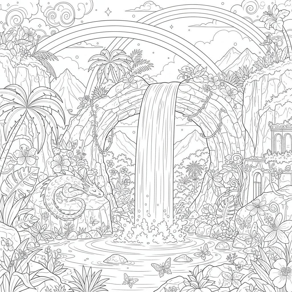 Página para Colorear de Cascada - Difícil