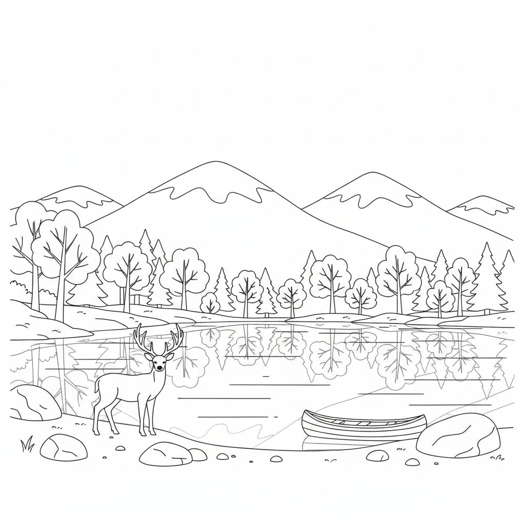 Página para Colorear del Lago de Montaña - Medio