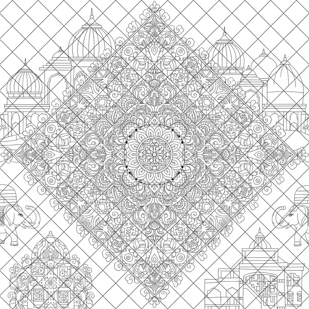 Página para Colorear de Rangoli Indio Feliz - Difícil