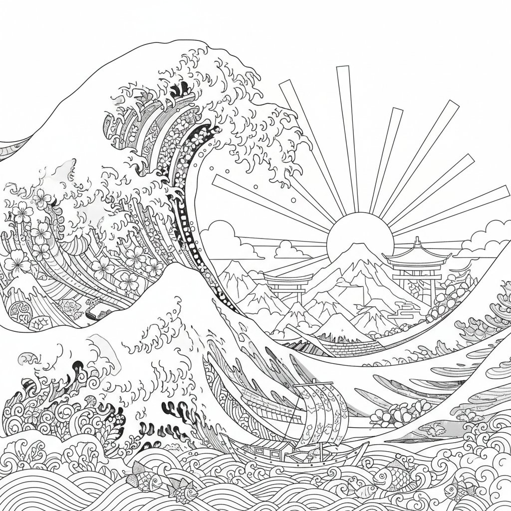 Patrón de Ola Japonesa Página para Colorear - Difícil
