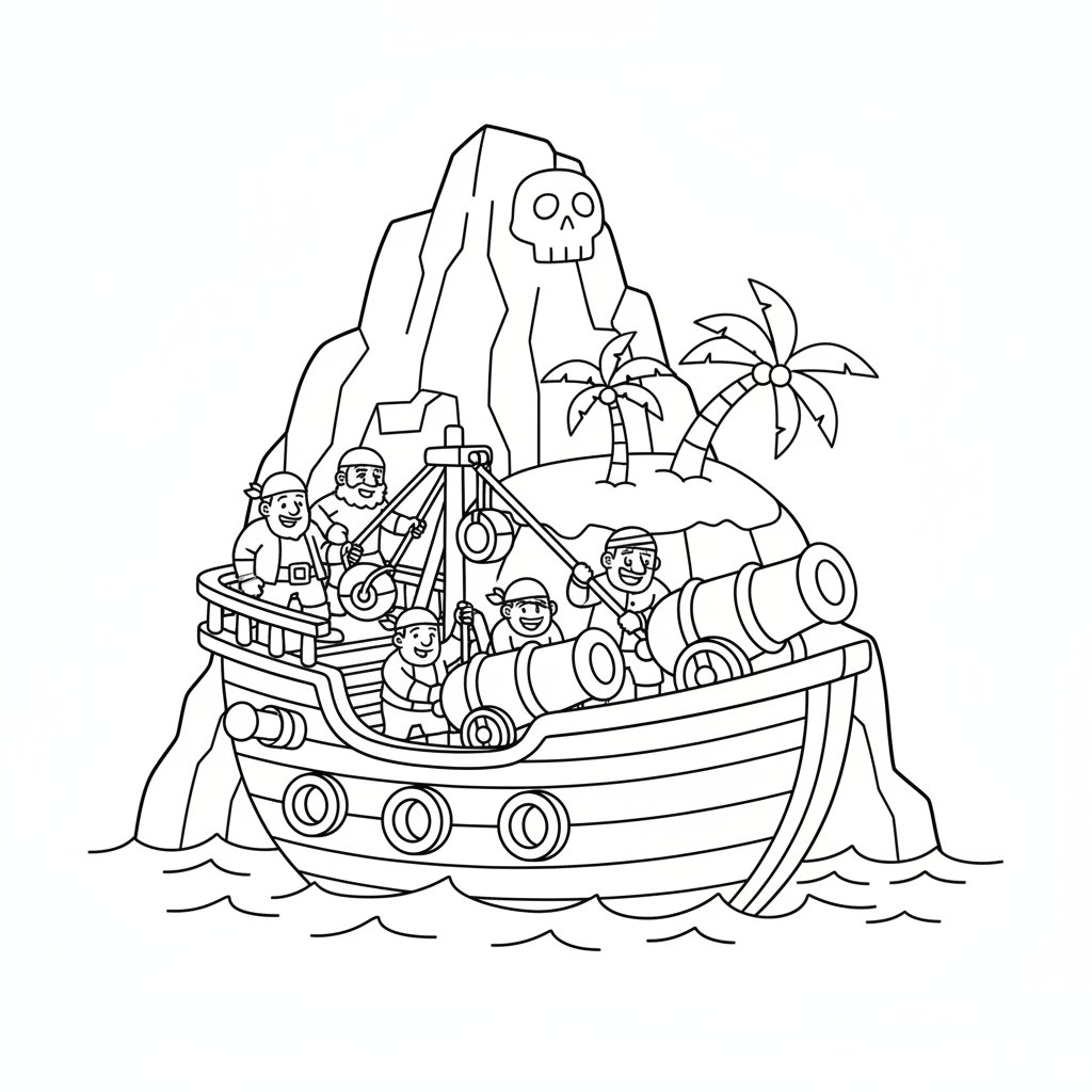 Página para colorear de isla pirata acogedora - Fácil