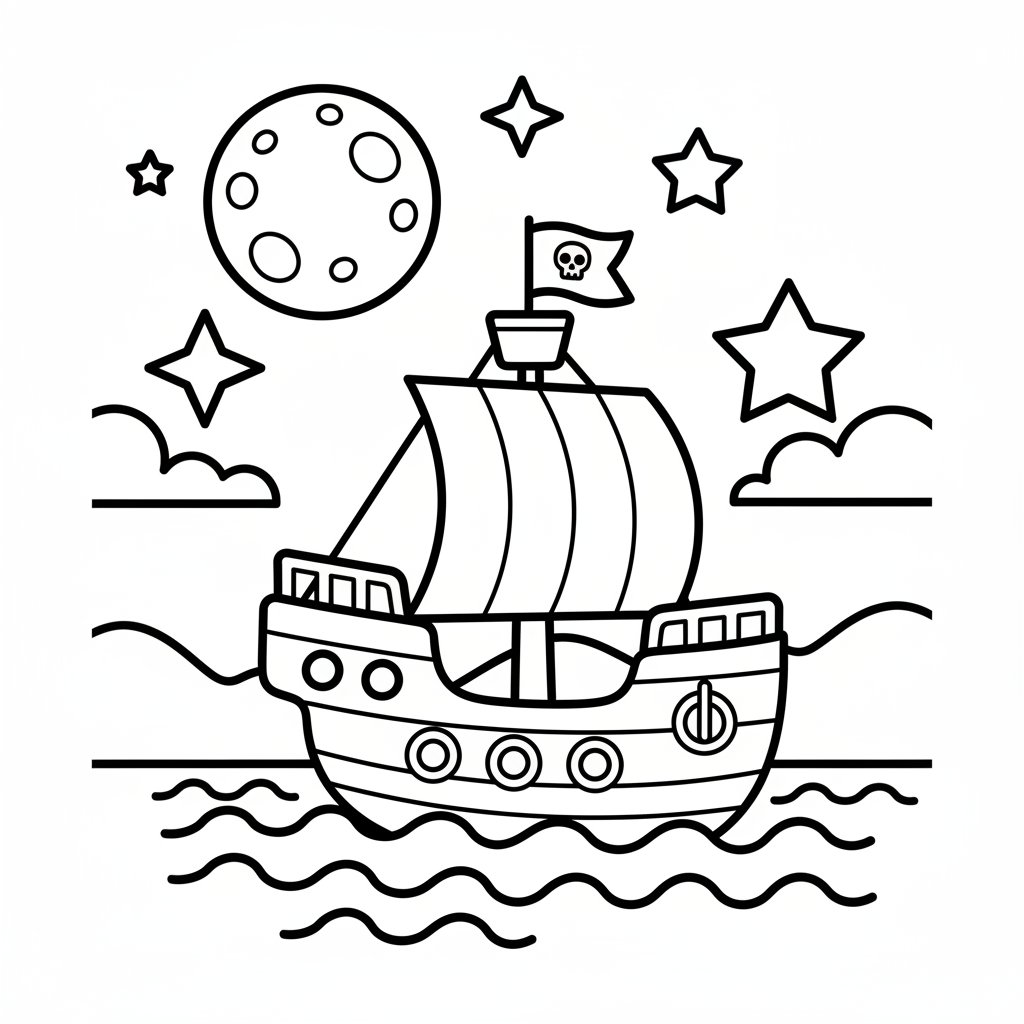 Página para Colorear de Barco Pirata Vibrante - Fácil