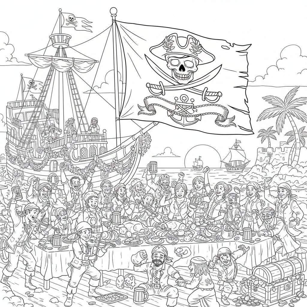 Encantadora Página para Colorear de Bandera Pirata - Difícil