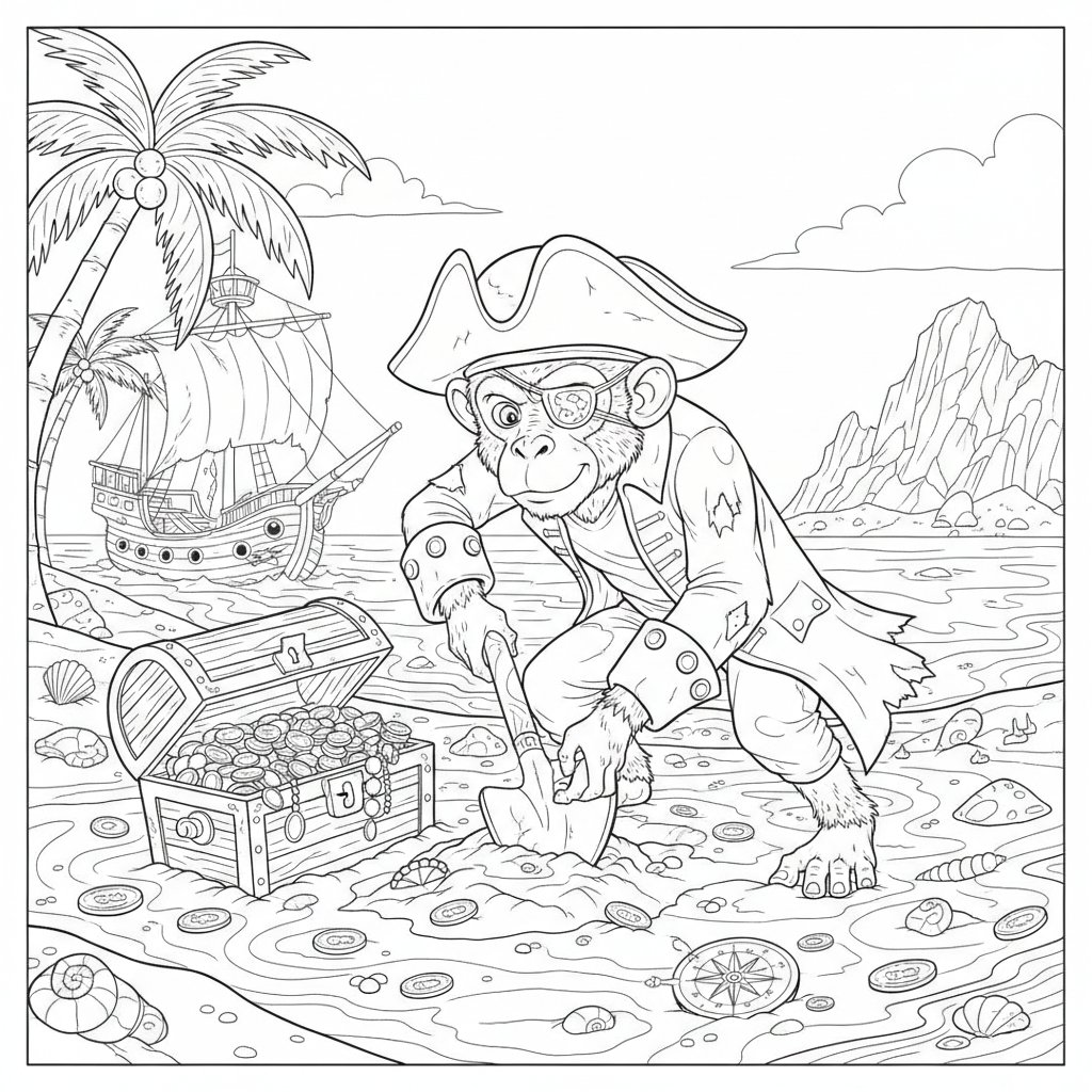 Encantadora Página para Colorear de Mono Pirata - Difícil